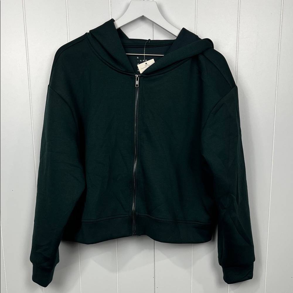 a new day Womens Boxy Fit Sweatshirt XL Spruce Green Hoodie Zip Front Crop NWT